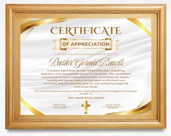 Pastor Appreciation Certificate, White Gold Clergy Award, Editable Canva Template (11x8.5)