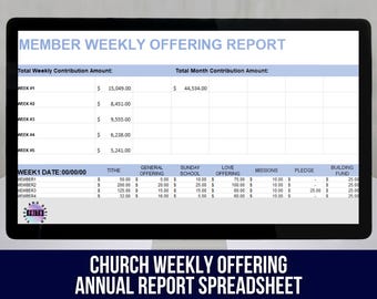 Könnte beinhalten: Eine digitale Tabellenkalkulation mit dem Titel MEMBER WEEKLY OFFERING REPORT auf einem Computermonitor. Die Tabelle erfasst wöchentliche und monatliche Beiträge mit Spalten für Zehnten, allgemeine Spenden, Sonntagsschule, Missionsarbeit und Baufonds.