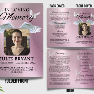 Modèle de carte pliable Wings Memorial, programme de service commémoratif modifiable de 4 pages, carte nécrologique personnalisable dans la mémoire aimante, modifier dans Canva