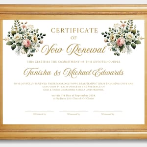 Plantilla de certificado de renovación de votos editable: diseño de ramo de acuarela / Editable en Canva / Recuerdo personalizado de renovación de votos matrimoniales
