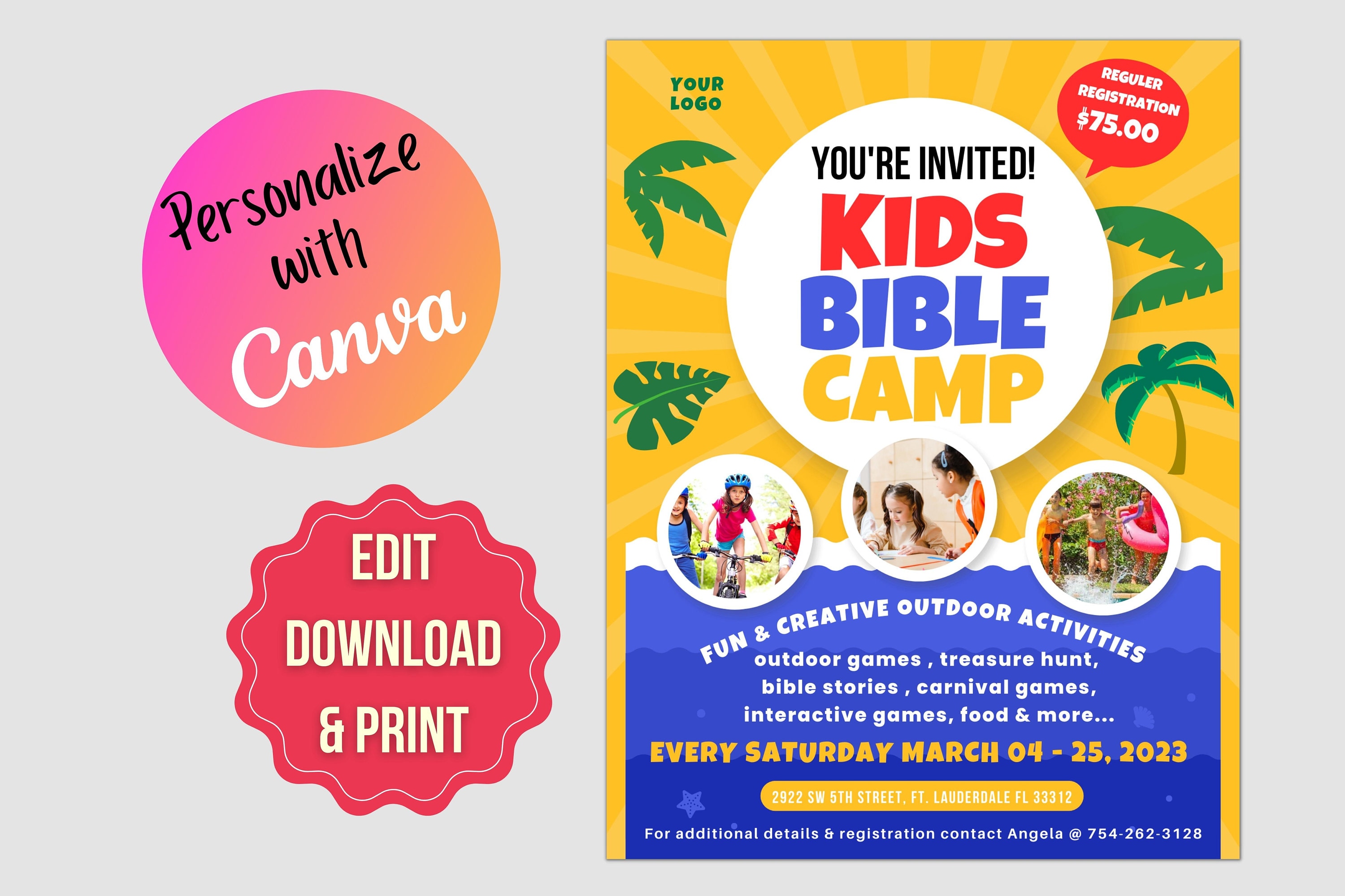 Bible Camp Flyer Template, Editable Youth Flyer, Childrens Bible School ...