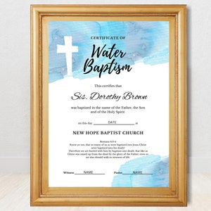 Certificado de bautismo en agua editable para la ceremonia de bautismo con texto de muestra y cita de las Escrituras, certificados de la iglesia, editar en Canva