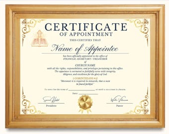 Printable Church Treasurer Certificate of Appointment | Editable Financial Secretary Ministry Certificate | Canva Leadership Template