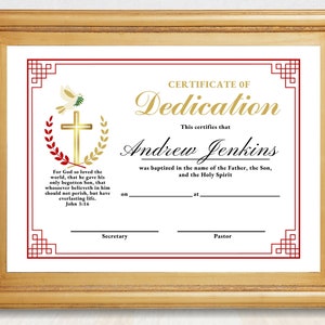 Plantilla de certificado de bautismo de dedicación editable con texto de muestra y cita bíblica, editar en Canva