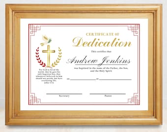 Plantilla editable de certificado de bautismo de dedicación con texto de ejemplo y cita bíblica. Edita en Canva.