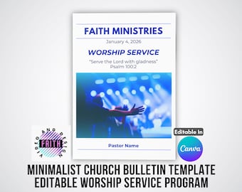 Blue Church Bulletin Template | Minimalist Order of Service (Canva Template)