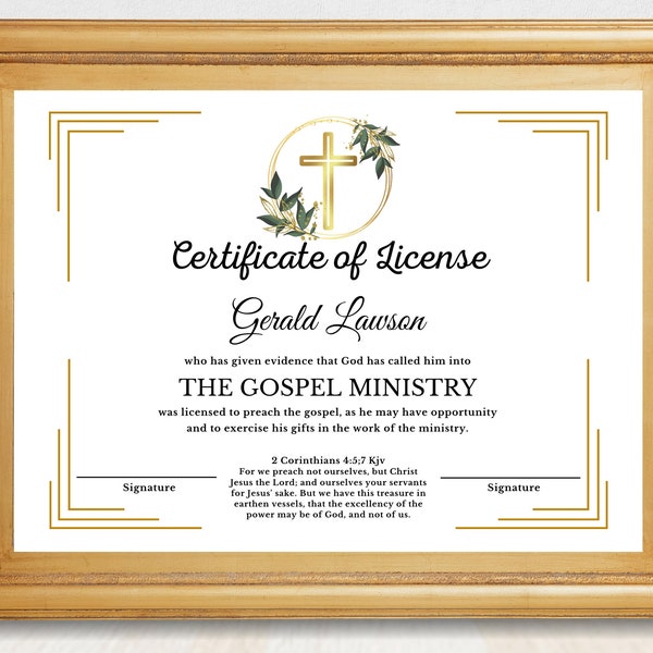 Editable Minister's Certificate of License, Ministerial License Certificate with sample wording and scripture quote, Edit in Canva