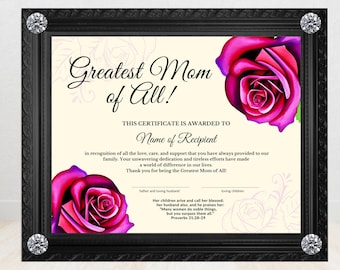 Certificado de reconocimiento a la mejor mamá, regalo del Día de la Madre (plantilla para lienzo)