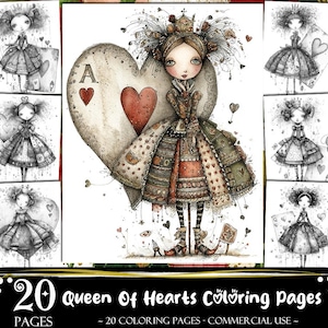 May include: A collection of 20 Queen of Hearts coloring pages. The central image features a whimsical illustration of a queen with a heart-shaped background. Surrounding images showcase additional card-themed designs. The text reads "20 Queen of Hearts Coloring pages".