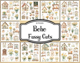 Boho Fussy Cuts, Digital Stickers, Printable Stickers, Printable Ephemera, Junk Journal Kit, Scrapbook Supplies, Collage Sheets, Paper Craft