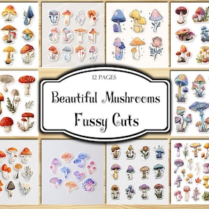 Hermosos hongos con recortes, pegatinas digitales, pegatinas imprimibles, material efímero, kit para diario basura, materiales para álbumes de recortes, hojas de collage