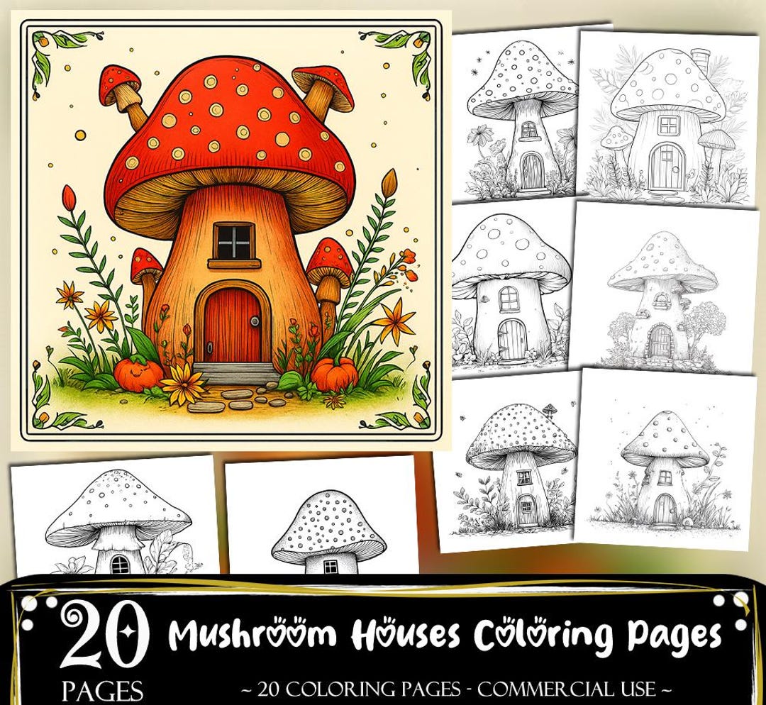 Mushroom Houses Coloring Pages, Adults and Kids Coloring Book, Coloring ...