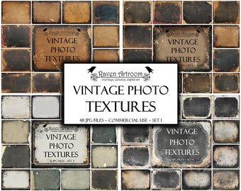 Puede incluir: Un conjunto de 48 texturas de fotos vintage en formato collage. Las texturas están en varios tonos de marrón, negro y blanco, con un aspecto desgastado y envejecido. El texto "Vintage Photo Textures" se repite en todo el collage, junto con el texto "Raven Artroom".