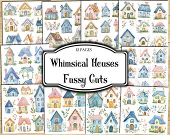 Whimsical Houses Fussy Cuts, Digital Stickers, Printable Stickers, Ephemera, Junk Journal Kit, Scrapbook Supplies, Collage Sheets