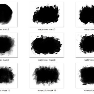 May include: A set of 15 black and white watercolor masks. The masks are in various shapes and sizes, and they are all made with a brushstroke effect.