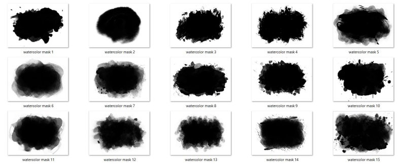 May include: A set of 15 black and white watercolor masks. The masks are in various shapes and sizes, and they are all made with a brushstroke effect.