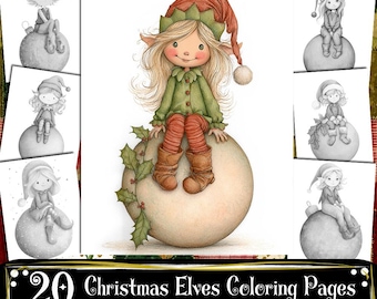 May include: A set of 20 Christmas Elves Coloring Pages. The main image shows a colourful illustration of an elf with blonde hair, wearing a green jacket, red trousers, and brown boots, sitting on a large white ball. Other images are grayscale drawings of elves.