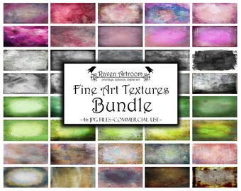 Op de afbeelding: Een digitale kunstbundel met 46 hoge resolutie texturen in verschillende kleuren en stijlen, waaronder groen, roze en grijs. De texturen zijn perfect om een vintage of verweerde look toe te voegen aan je digitale kunstprojecten. Raven Artroom overlays, textures, digitale kunst. Fine Art Textures Bundle. -46 JPG FILES-COMMERCIAL USE-