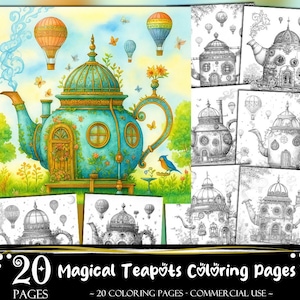 May include: A colourful illustration of a teal teapot with a domed lid, decorated with floral details and a door. Hot air balloons and butterflies float in the sky. The image is part of a set of 20 magical teapot colouring pages.