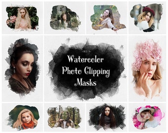 May include: Set of 10 watercolor photo clipping masks. The masks are black and white with a watercolor effect. They are perfect for adding a unique touch to your photos.
