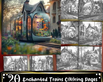 Enchanted Trains Printable Coloring Pages, Adults and Kids Coloring Book, Coloring Sheets, Digital Download