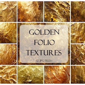 Peut inclure: Douze images numériques de textures de feuille d'or. Les images sont disposées en grille avec le texte "GOLDEN FOLIO TEXTURES -12 JPG FILES- " au centre.
