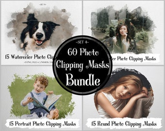 60 Photo Masks Bundle, Watercolor Frames (PNG)