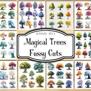 Magical Trees Fussy Cuts, Digital Stickers, Printable Stickers, Ephemera, Junk Journal Kit, Scrapbook Supplies, Collage Sheets, Paper Craft