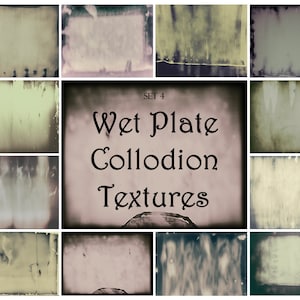 Może przedstawiać: Zbiór tekstur w stylu vintage o postarzanym, zużytym wyglądzie. Obrazy charakteryzują się różnorodnością wyblakłych kolorów, w tym sepii, kremu i ciemnych odcieni, z widocznymi niedoskonałościami i obramowaniami. Centralny obraz wyświetla tekst "Wet Plate Collodion Textures."