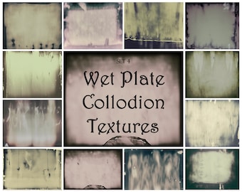 May include: A collection of vintage-style textures with a distressed, aged appearance. The images feature a variety of faded colors, including sepia, cream, and dark tones, with visible imperfections and borders. The central image displays the text "Wet Plate Collodion Textures."