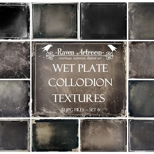 Może przedstawiać: Zestaw 12 cyfrowych tekstur w stylu vintage, o wyglądzie zużytym, ziarnistym i wyblakłym. Tekstury są oznaczone jako "Tekstury kolodionu na mokrej płycie" i idealnie nadają się do dodania vintage'owego charakteru do projektów cyfrowych.