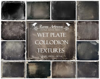 May include: A set of 12 digital textures in a vintage style, featuring a distressed, grainy, and faded look. The textures are labeled "Wet Plate Collodion Textures" and are perfect for adding a vintage feel to your digital projects.