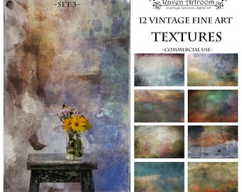 May include: A set of 12 vintage fine art textures for commercial use. The textures are in various shades of blue, green, brown, and orange. The textures are distressed and have a vintage look. -COMMERCIAL USE-