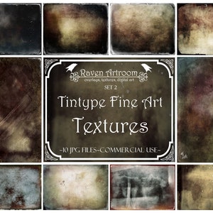 Może przedstawiać: Zestaw 10 cyfrowych tekstur w stylu vintage, idealny do dodania efektu zużycia i starości do projektów. Tekstury nazywają się "Tintype Fine Art Textures" i są przeznaczone do użytku komercyjnego.