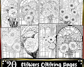 May include: A collection of 20 flower coloring pages with various floral arrangements in vases and decorative frames. The pages are black and white line drawings, perfect for coloring. The text at the bottom reads "20 Flowers Coloring Pages".