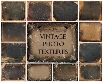 May include: Twelve vintage photo textures in a digital download. The textures are in a variety of shades of brown and black with scratches and cracks. The text "Raven Artroom" is in the center of the image.