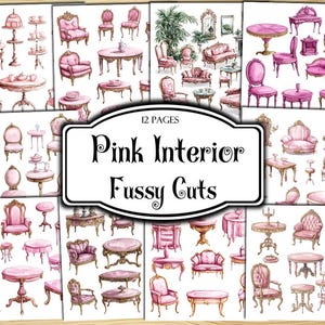 Pink Interior Fussy Cuts, Digital Stickers, Printable Stickers, Printable Ephemera, Junk Journal Kit, Scrapbook Supplies, Collage Sheets,