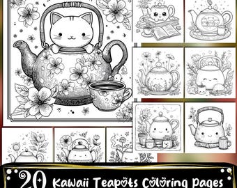 Páginas para colorear de teteras kawaii, libro para colorear para adultos y niños, hojas para colorear, descarga digital