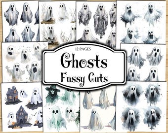 Ghosts Fussy Cuts, Digital Stickers, Printable Stickers, Ephemera, Junk Journal Kit, Scrapbook Supplies, Collage Sheets, Paper Craft