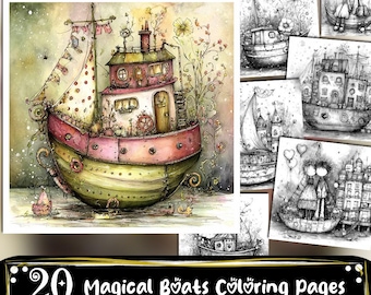 Könnte beinhalten: Eine skurrile Aquarellillustration eines Bootes mit rosa und grünem Rumpf, verziert mit floralen Akzenten und einem gemusterten Segel. Das Bild ist Teil eines Sets von 20 Malvorlagen mit magischen Booten.