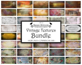 Op de afbeelding: Een set van 40 vintage texturen in een bundel. De texturen zijn in verschillende kleuren en patronen, waaronder bruin, groen, geel en blauw. De texturen zijn perfect om een vintage gevoel aan je ontwerpen toe te voegen.