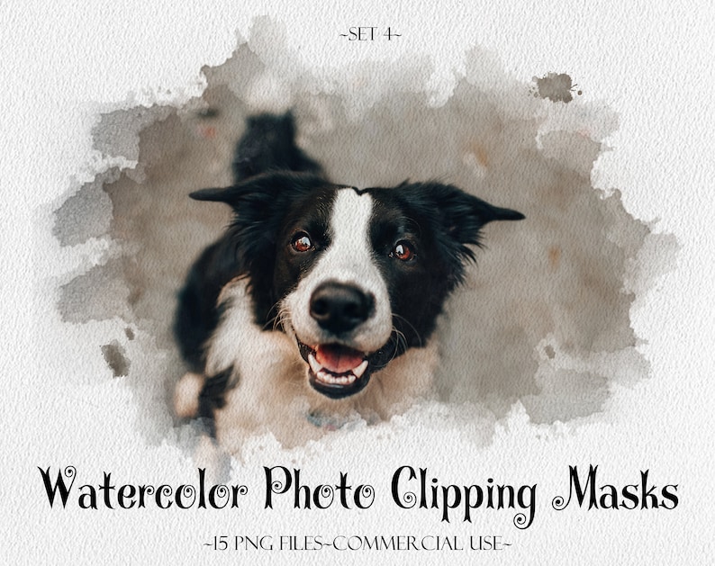 May include: A set of 15 watercolor photo clipping masks featuring a black and white dog with brown eyes. The dog is looking directly at the camera with its mouth open and tongue out. The image is set against a light brown background with a watercolor effect.