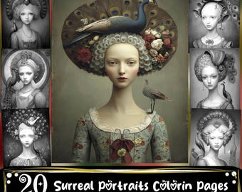 May include: A collection of surreal portraits coloring pages. The central image is a woman with a peacock-themed hat and a bird on her shoulder. The image is surrounded by smaller black and white portraits. The text at the bottom reads "20 Surreal portraits Coloring pages".