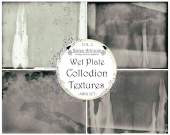 May include: Four black and white images with a grainy texture. The images are arranged in a grid pattern. The text "VOL. 2 Raven Artroom overlays, textures, digital art Wet Plate Collodion Textures -MINI SET- " is in the center of the image.