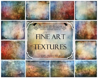 May include: A set of 12 digital textures in a collage format. The textures are a mix of blue, green, brown, and red colors with a vintage, distressed look. The text "Raven Artroom" is in a decorative font with a raven illustration. The text "Fine Art Textures" is in a large, bold font. The text "12 JPG Files - Set 4" is in a smaller font.