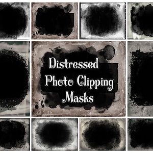 Könnte beinhalten: Ein Set mit 10 veralteten Foto-Clipping-Masken. Die Masken sind schwarzweiß mit einer Grunge-Textur. Sie sind perfekt, um Ihren Fotos einen Vintage-Look zu verleihen.