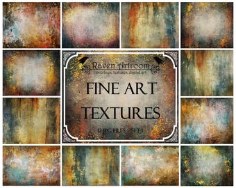 Op de afbeelding: Een set van 12 digitale texturen met abstracte, grunge-achtige achtergronden in tinten bruin, goud, blauw en groen. De texturen zijn perfect om een vintage, verweerde look toe te voegen aan je digitale kunstprojecten.