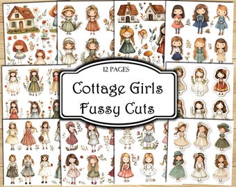 Cottage Girls Fussy Cuts, Digital Stickers, Printable Stickers, Printable Ephemera, Junk Journal Kit, Scrapbook Supplies, Collage Sheets