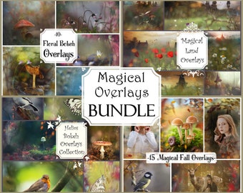 May include: A collage of images featuring magical overlays for digital art. The images include mushrooms, birds, butterflies, and a forest scene. The text on the collage reads "Magical Overlays Bundle", "Floral Bokeh Overlays", "Helios Bokeh Overlays Collection", "Magical Land Overlays", and "15 Magical Fall Overlays".