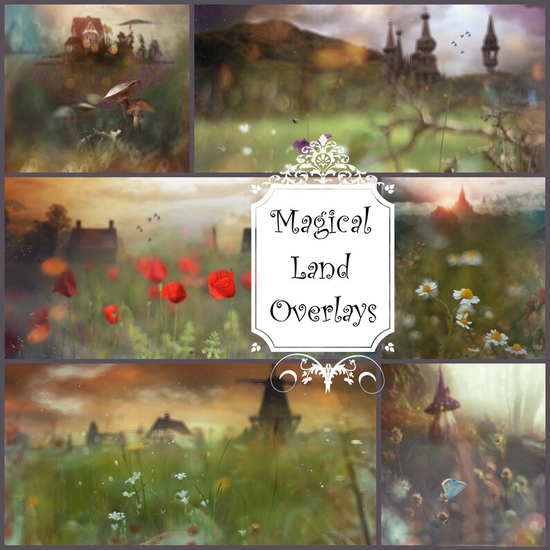 May include: A collage of six images featuring a magical land theme. The images include a whimsical house, a field of red poppies, a field of daisies, a castle in the distance, a windmill, and a fairy in a forest.